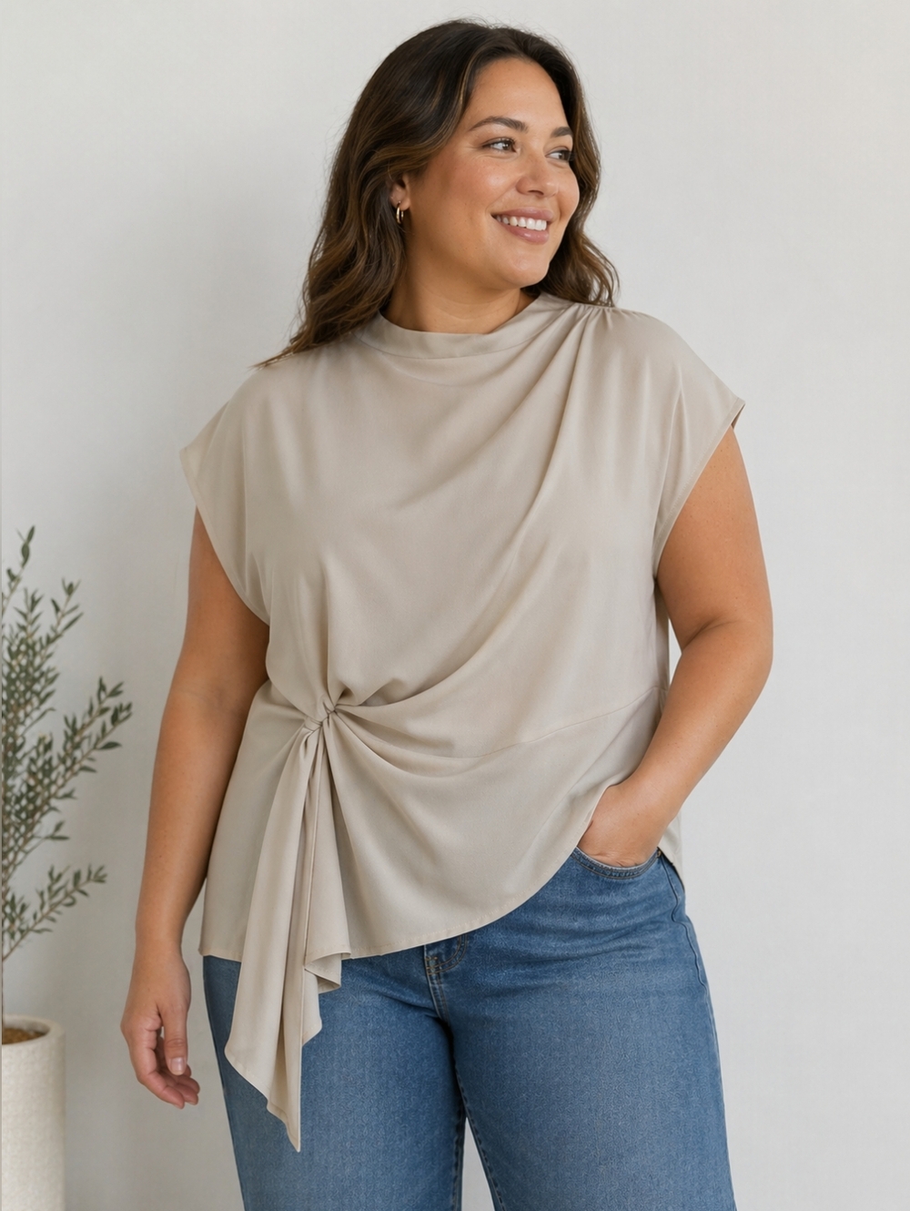 Neutral Draped Tie Top 1X Minimal Chic Office Blouse